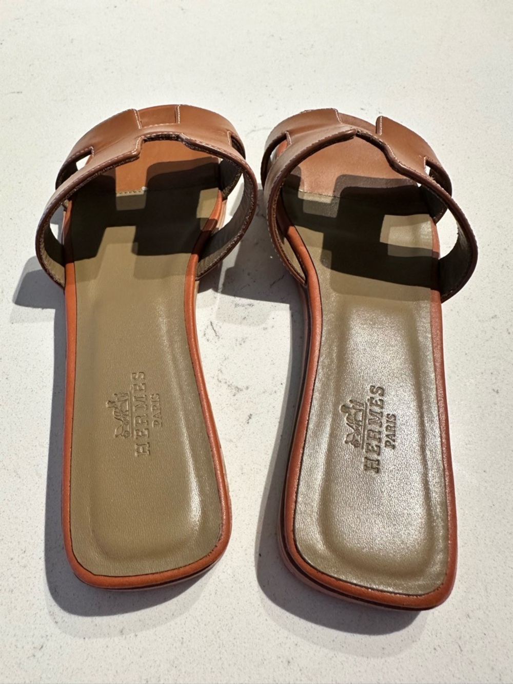 Hermès Oran Tan Brown Leather H Slide Sandals - Picture 5 of 8